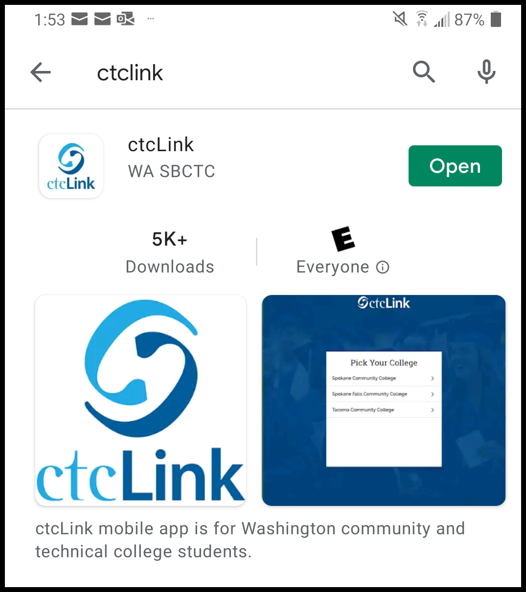 screen capture of ctcLink app as it appears on a mobile device - features ctcLinklogo and related information