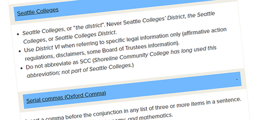  screen shot of Seattle Colleges editorial style guide online 