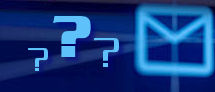  an electric blue stylized image of an envelope representing email with three blue questions marks 