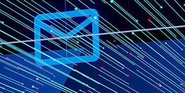  an electric blue stylized image of an envelope representing email with many lines of light streaking across the image 