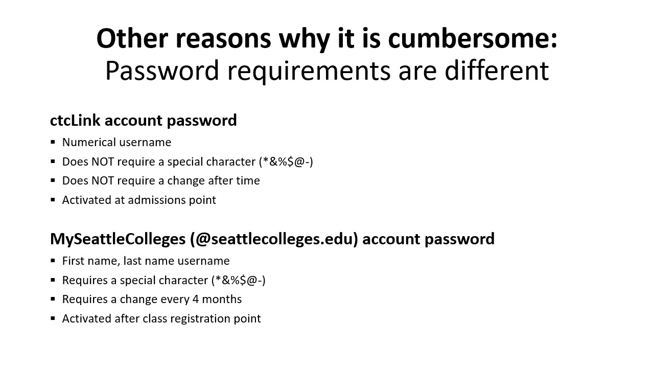 Other reasons why it is cumbersome:​ Password requirements are different​. ctcLink account password​  Numerical username​  Does NOT require a special character (*&%$@-)​  Does NOT require a change after time​  Activated at admissions point​; MySeattleColleges (@seattlecolleges.edu) account password​  First name, last name username​  Requires a special character (*&%$@-)​  Requires a change every 4 months​  Activated after class registration point