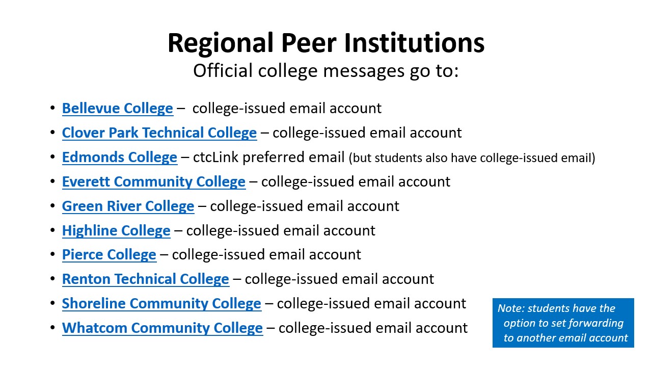 Regional Peer Institutions​ Official college messages go to: Bellevue College –  college-issued email account​  Clover Park Technical College – college-issued email account​  Edmonds College – ctcLink preferred email (but students also have college-issued email)​  Everett Community College – college-issued email account​  Green River College – college-issued email account​  Highline College – college-issued email account​  Pierce College – college-issued email account​  Renton Technical College – college-is