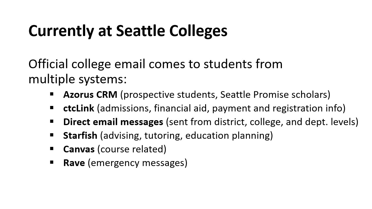 Currently at Seattle Colleges​ official college email comes to students from multiple systems:​ Azorus CRM (prospective students, Seattle Promise scholars)​; ctcLink (admissions, financial aid, payment and registration info);​ Direct email messages (sent from district, college, and dept. levels)​; Starfish (advising, tutoring, education planning)​; Canvas (course related)​; Rave (emergency messages); Rave (emergency messages)