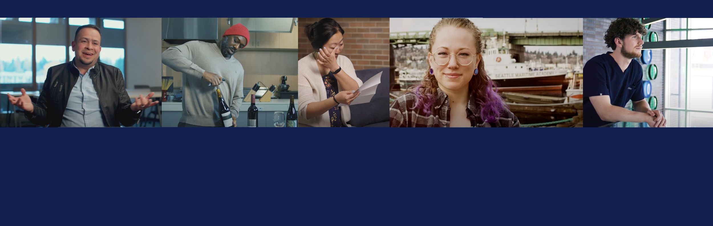 a sequence of images including a smiling student with open arms, a student opening a bottle of wine, a woman reading a letter, a student with a ship in the background, and a student looking off into space