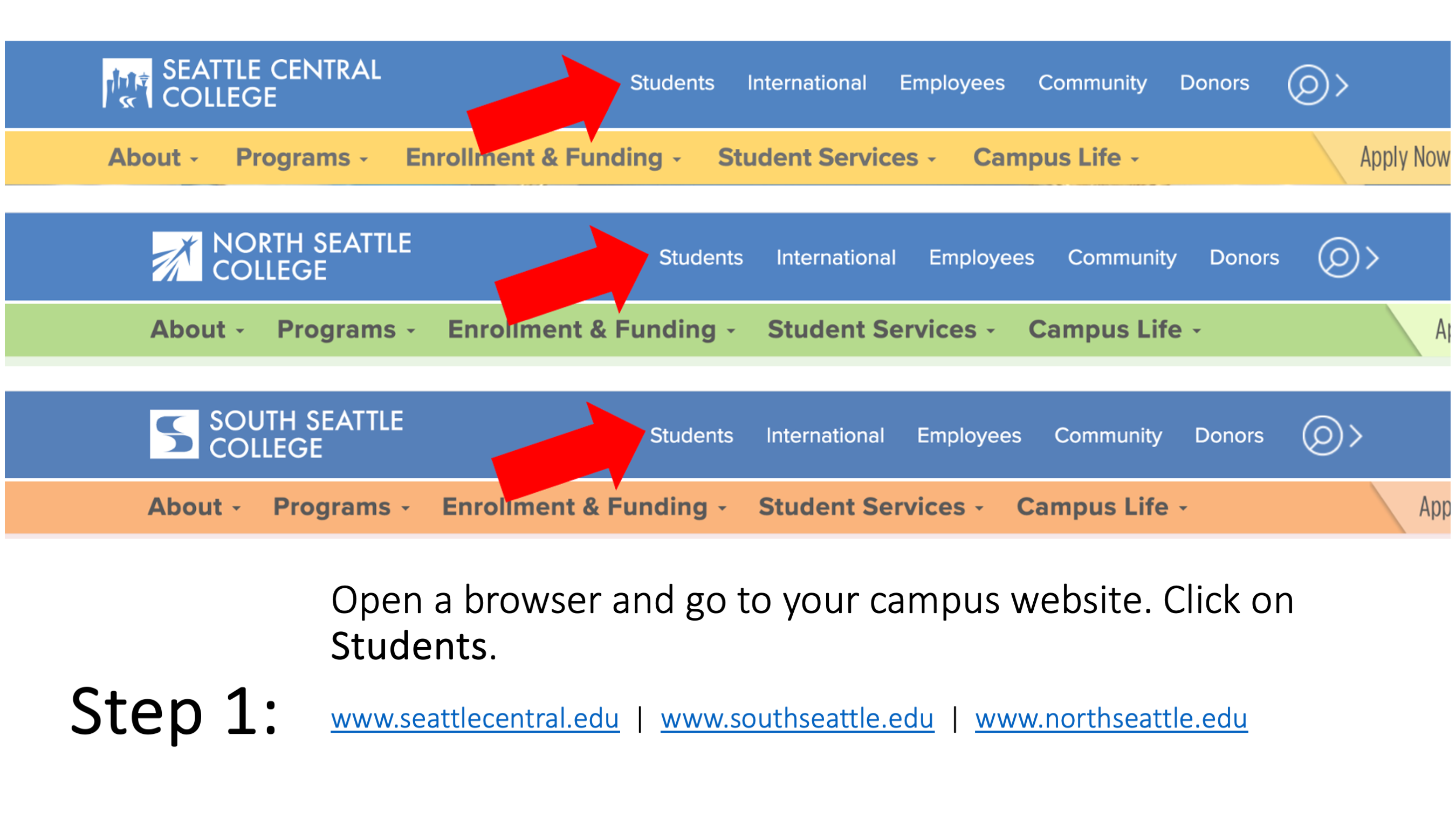 Open a browser and go to your campus website. Click on Students. www.seattlecentral.edu , www.southseattle.edu , or www.northseattle.edu.