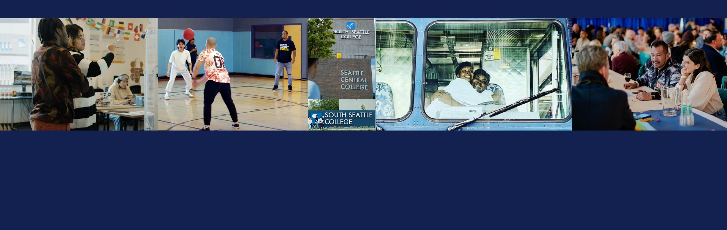 a sequence of images including a students working at a white board, students playing basketball in the Mitchell Activity Center, campus signs for North, Central, and South, two students in a food truck, and a scene from the community dinner of a couple speaking with someone across the table.