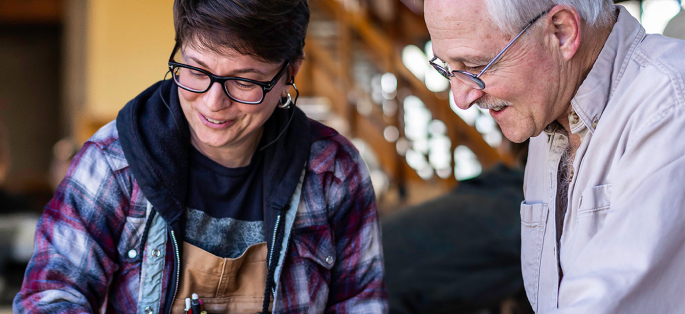 Seattle Central College wood technology faculty and student