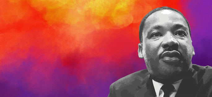 abstract impressionistic background with the fire colors yellow to red to indigo with an image of MLK