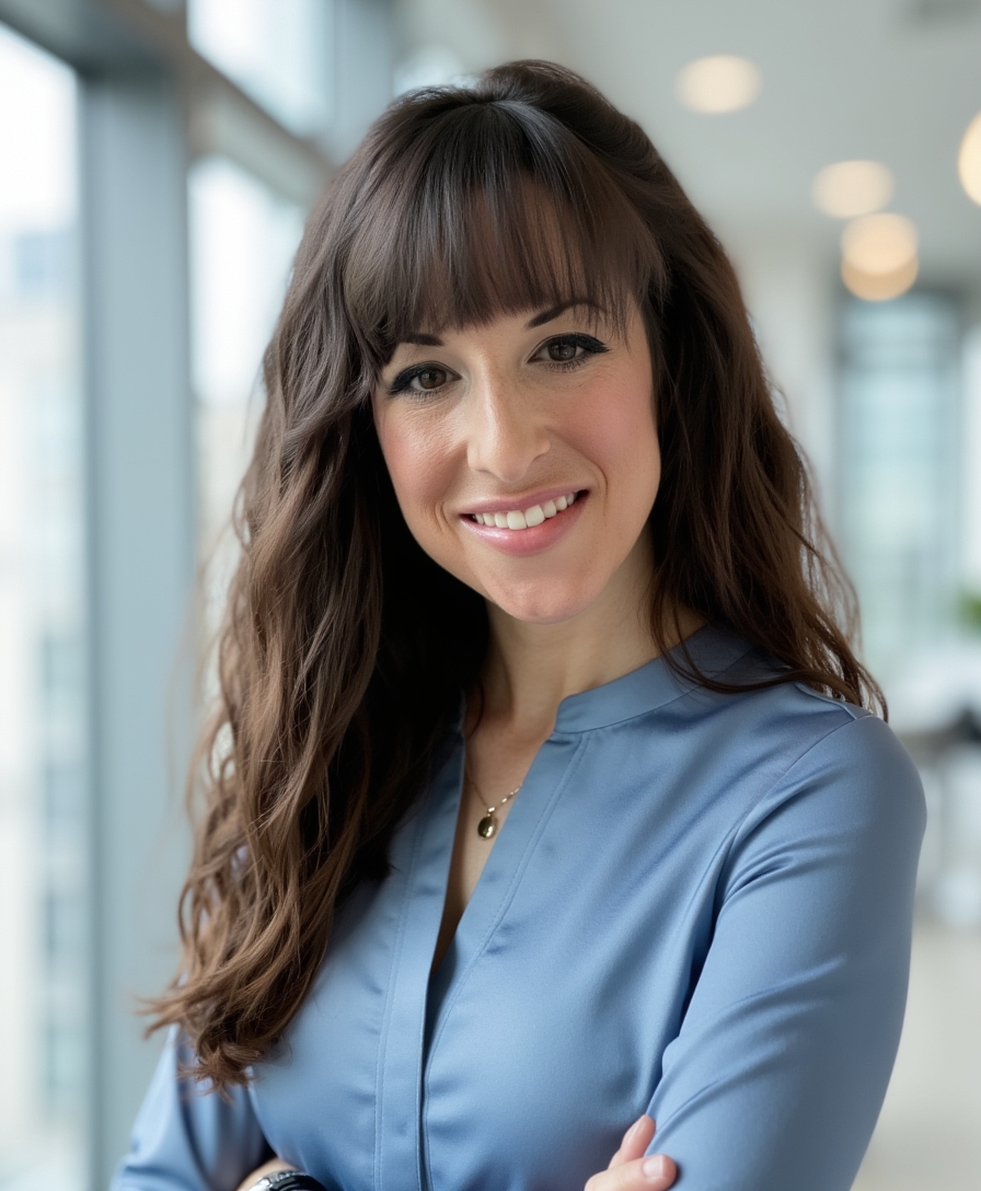 Julia smiling, standing with long hair, body titled towards camera in blue shirt with arms crossed.