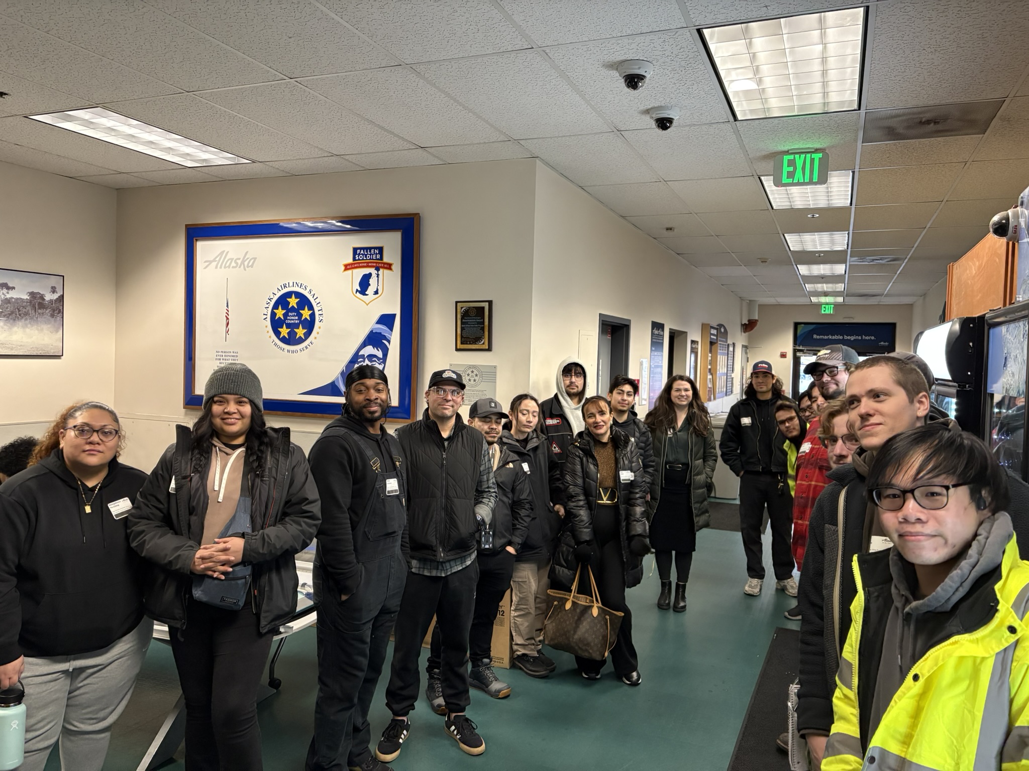 South Seattle College AMT Program Students, District Workforce Development Team and Partners, and Alaska Airlines representatives at the airline's Maintenance & Engineering installations.