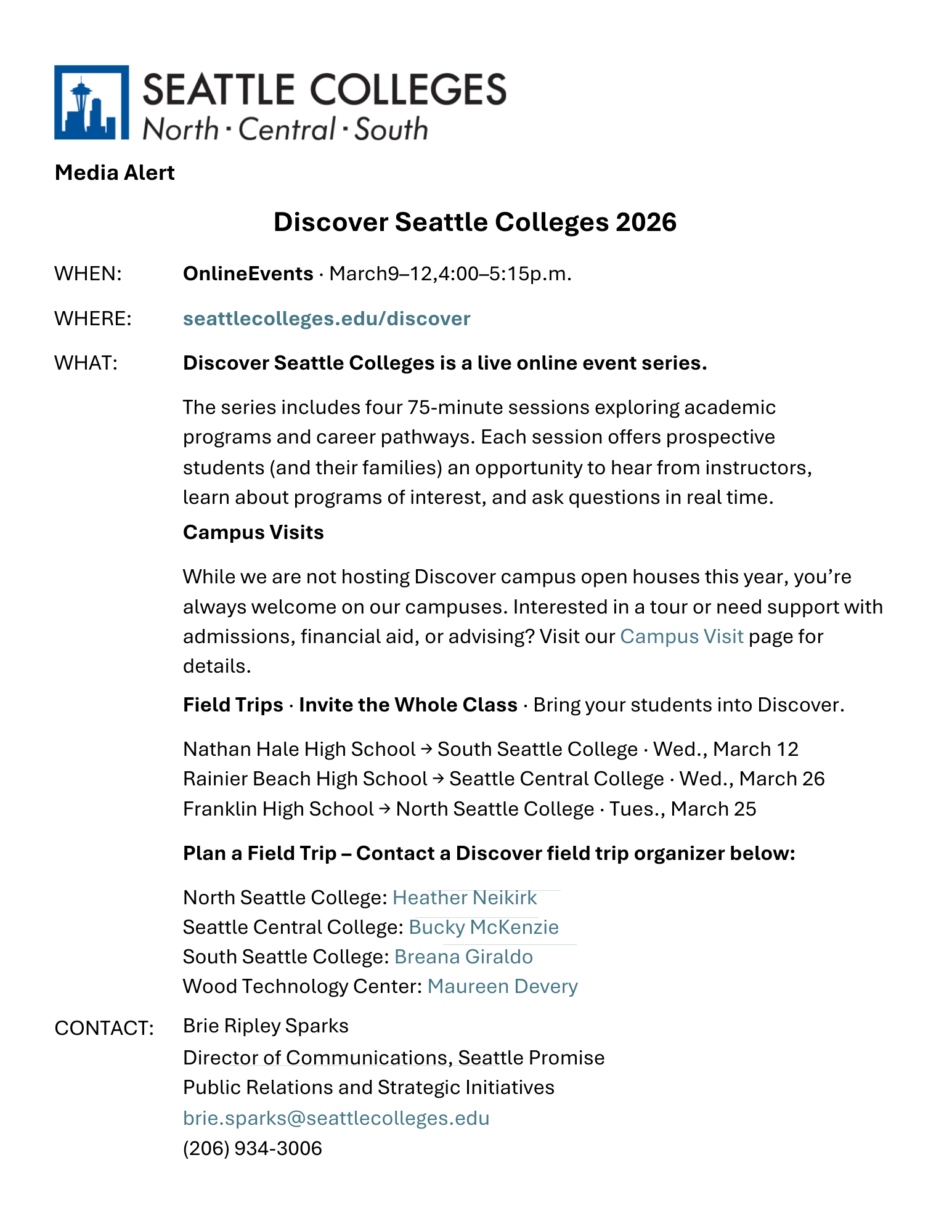 Discover Seattle Colleges 2026 Media Alert - Downloadable PDF available
