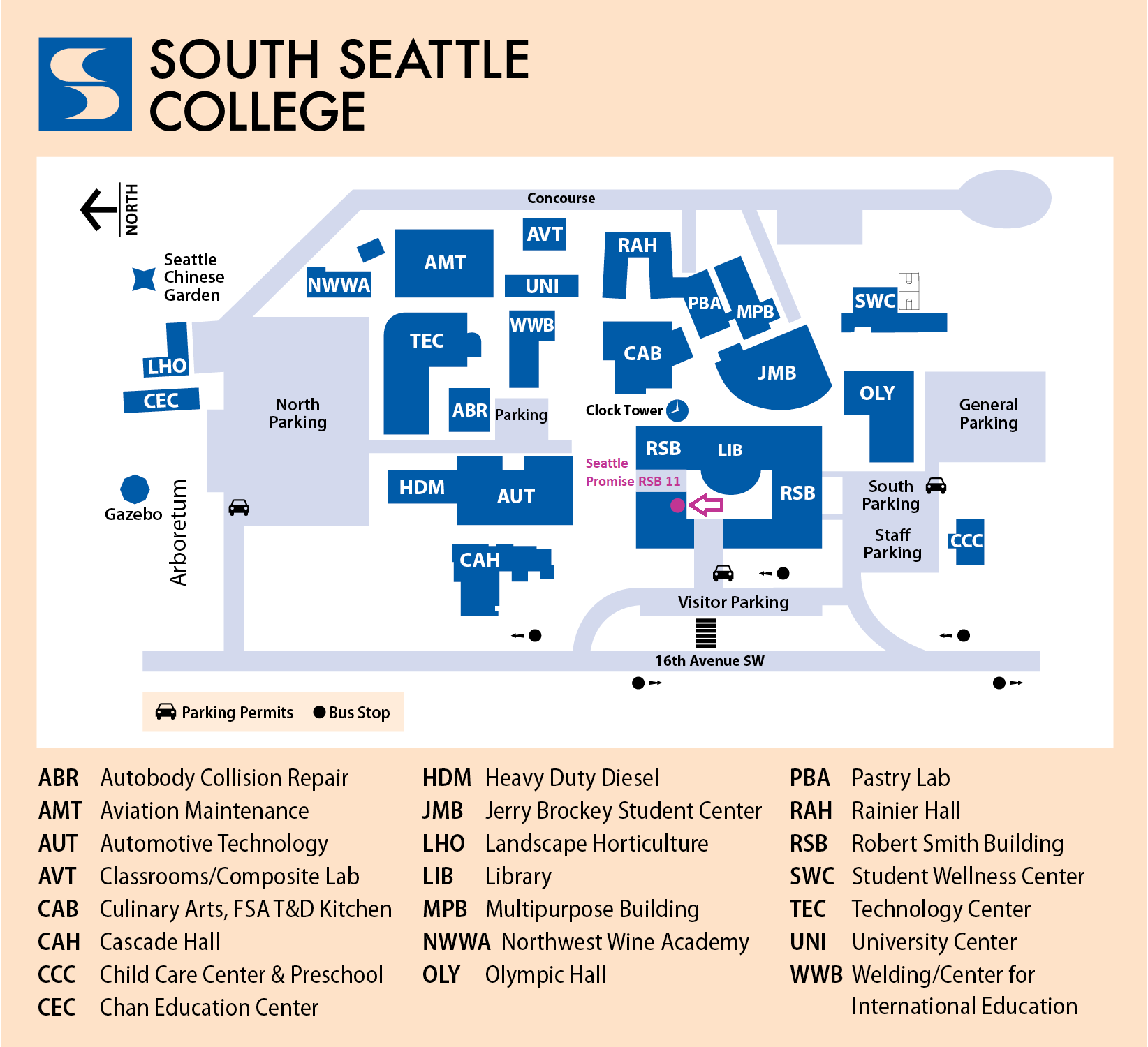 Map of South Seattle College with arrow pointing to Seattle Promise Office located in the Robert Smith Building, Room 11