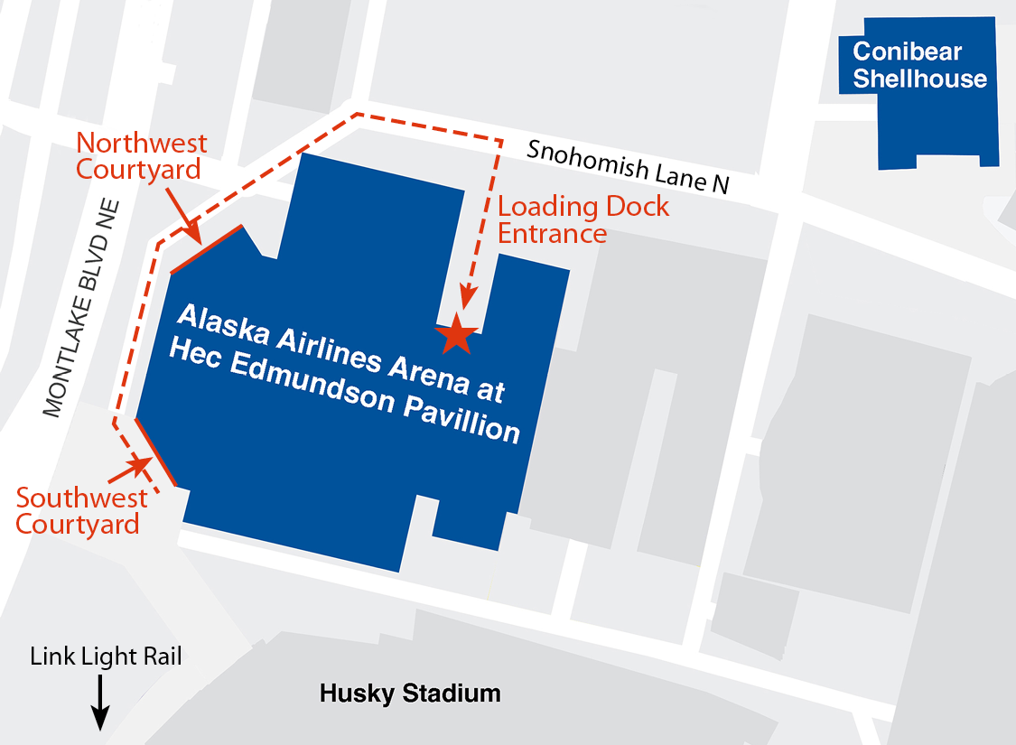 Map of Alaska Airlines Arena pointing out the loading dock entrance on the north side of the building as the volunteer entrance