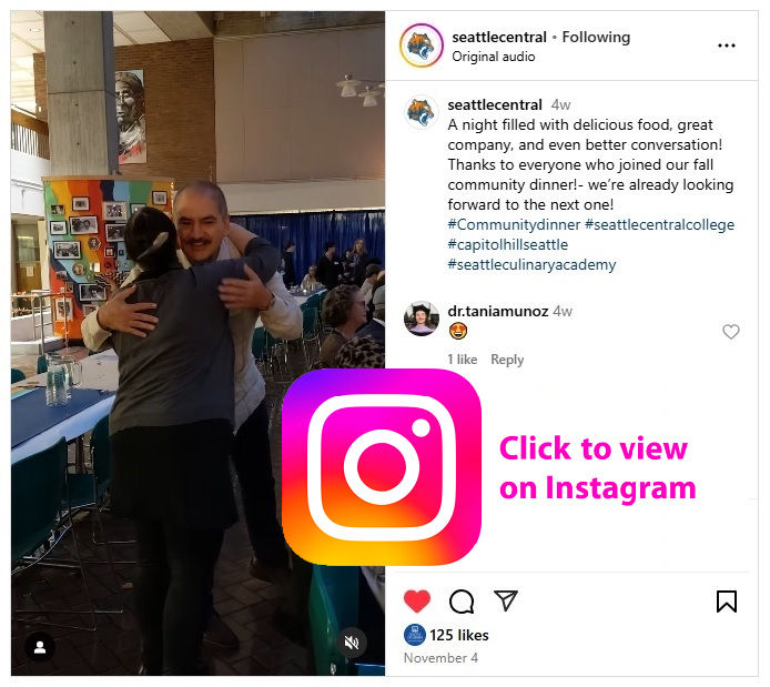 Screen capture image of the Instagram post with two attendees at the dinner hugging. Text of post: A night filled with delicious food, great company, and even better conversation! Thanks to everyone who joined our fall community dinner!- we’re already looking forward to the next one!