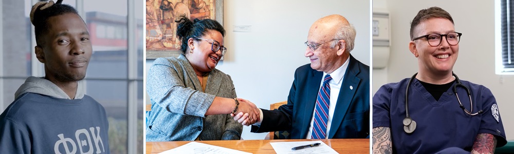 a sequence of three images of diverse students and college leaders in various campus settings