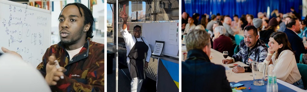 Triptych image with a student at a white board with a math equation, a student outside a food truck, and scene from the community dinner of a couple speaking with someone across the table.