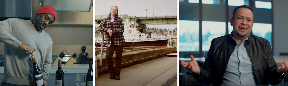 Triptych image with a student opening a bottle of wine, a student on the waterfront with a boat in the background, and student speaking with his arms stretched open