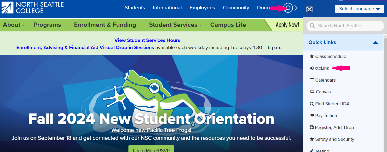 view of North Seattle College website with arrows pointing to upper right Quicklinks icon and resulting menu options