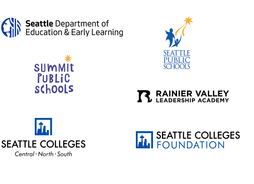 logos of Seattle Promise partners: City of Seattle, Seattle Public Schools, Summit Public Schools, Rainier Valley Leadership Academy, Seattle Colleges, and Seattle Colleges Foundation