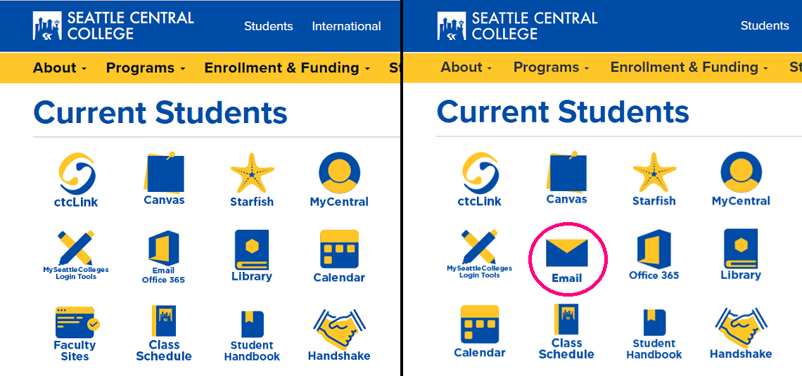 Left: Screen capture of the Central "Students" menu with the icons prior to the change (no email icon present) Right: Screen capture of the Central "Students" menu with the icons after to the change with an email icon (circled) present along with and Office 365 icon