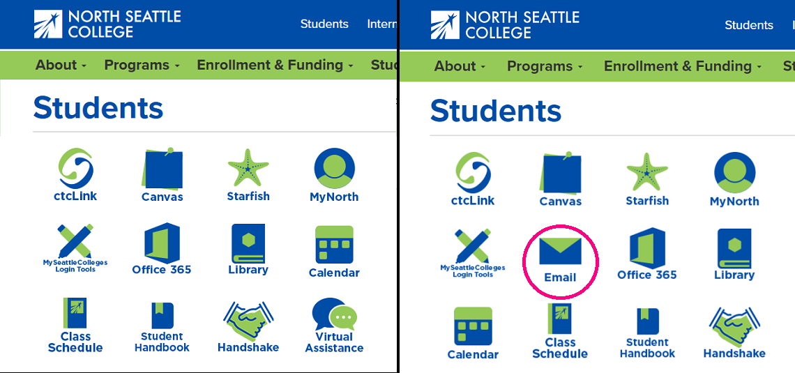 Left: Screen capture of the North "Students" menu with the icons prior to the change (no email icon present) Right: Screen capture of the North "Students" menu with the icons after to the change with an email icon (circled) present along with and Office 365 icon