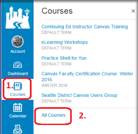 List of Courses in Canvas with "Courses" and All Courses links highlighted.